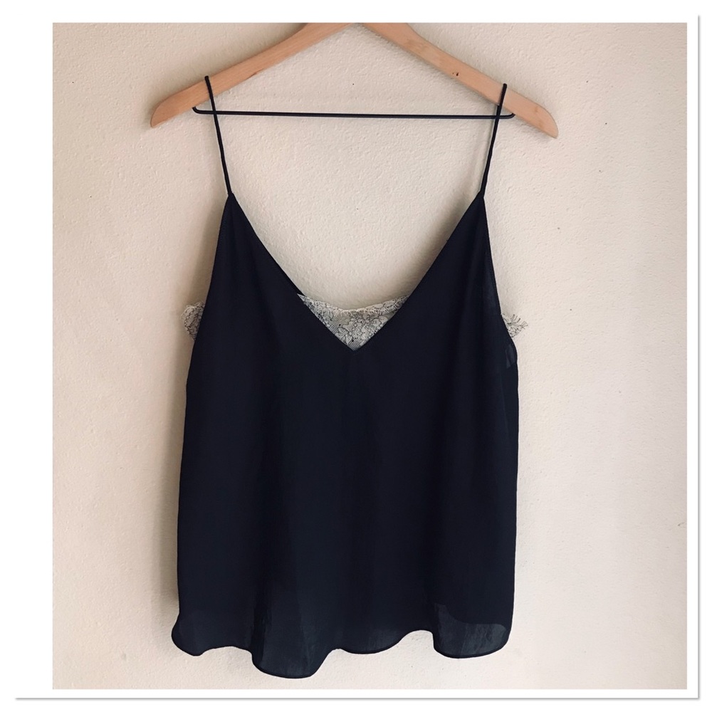 Free People V Neck Satin Camisole Tank Top Black Ivory Size Small